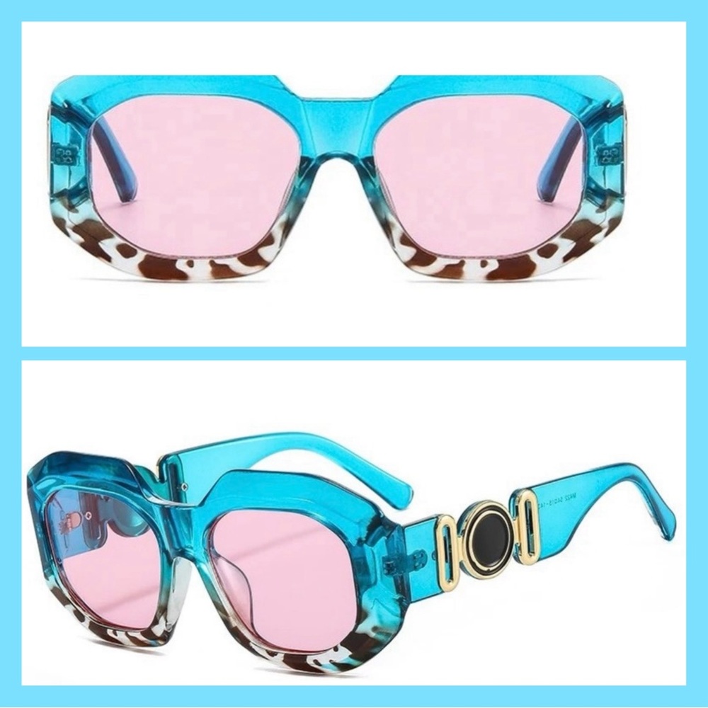 ✨TURQUOISE & ANIMAL‎ PRINT TRANSLUCENT FRAME SUNNIES WITH PINK LENSES LUXURY-NEW